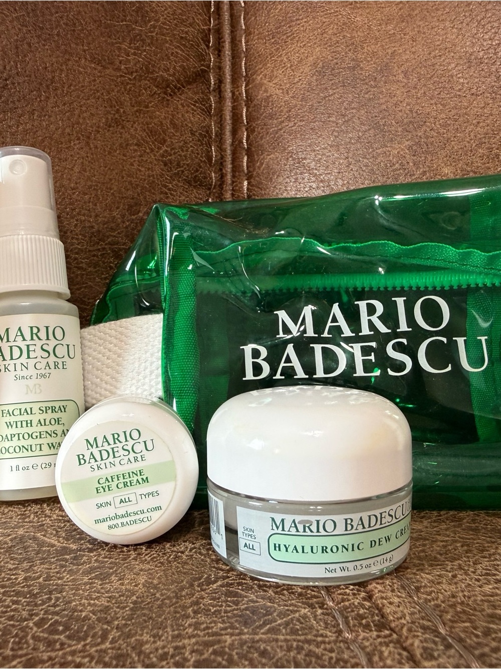 Mario Badescu Skincare Set with Green Travel Pouch and White Jars